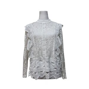 Adiva White Ruffled Lace Blouse with Bottle Mandarin Collar Size Medium